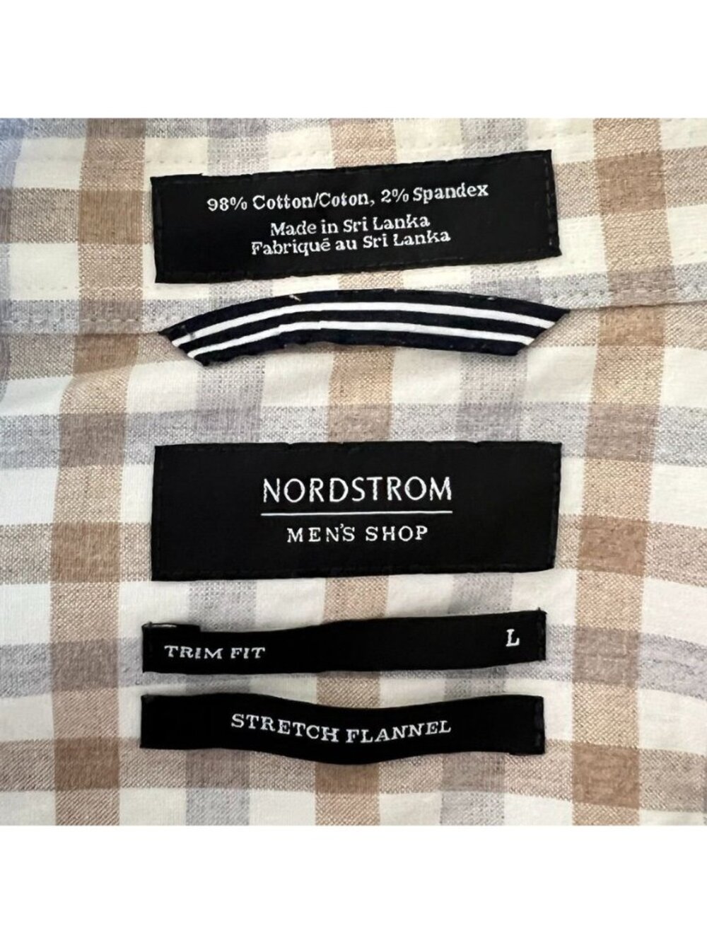 Nordstrom Mens L Shirt Brown White Plaid Cotton Stretch Flannel Button Up Frat - Picture 6 of 14